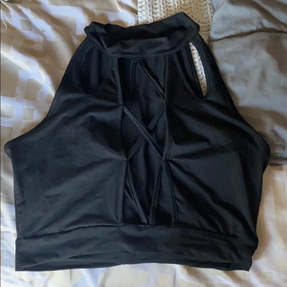 Cropped black halter neck top